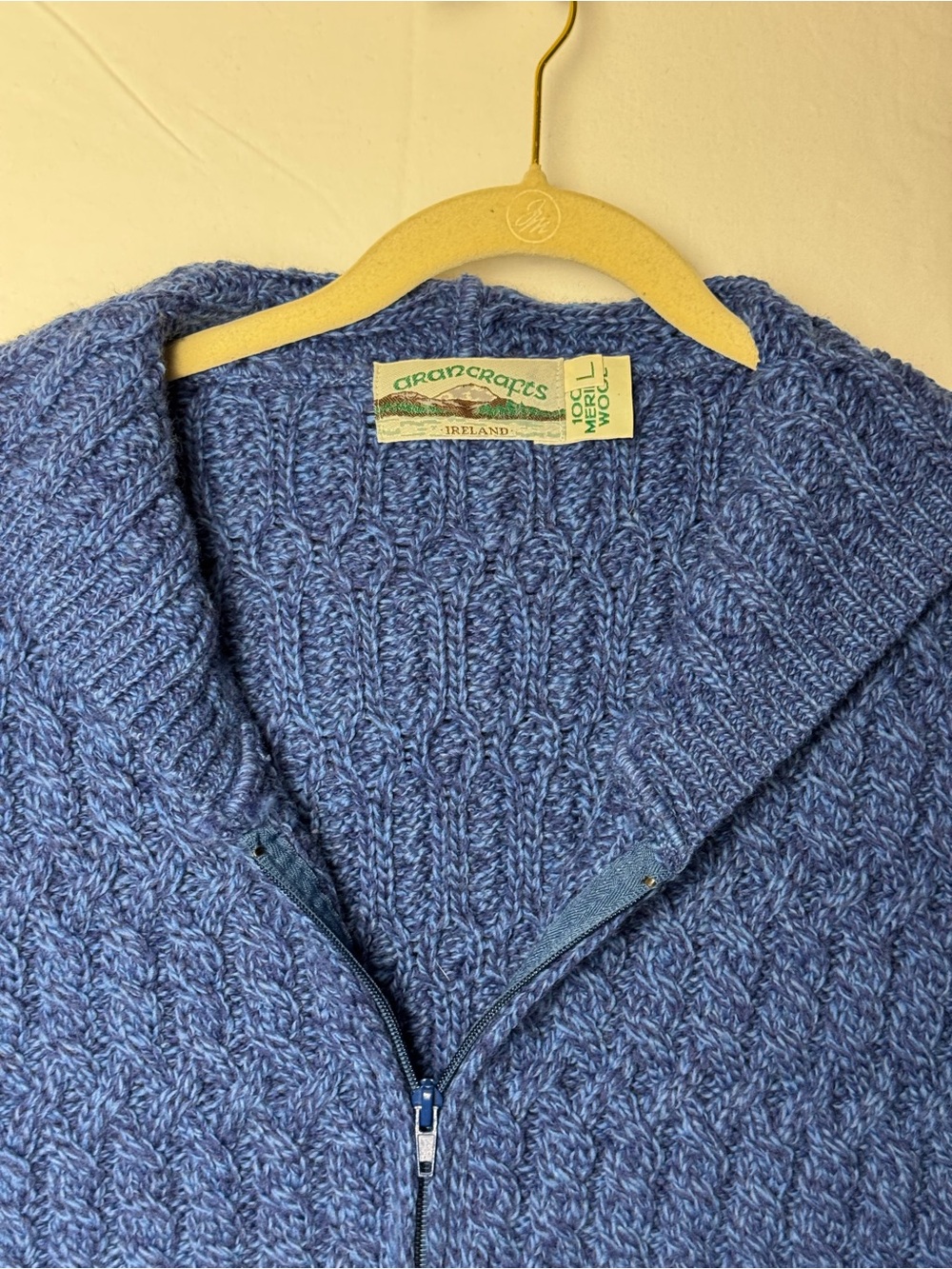 Aran Crafts Irish Wool Blue Hooded Zip-Front Cable Knit Cardigan Large - Picture 3 of 4